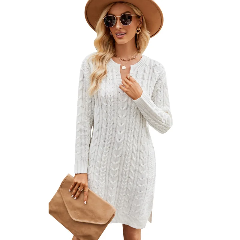 Womens Mid Length Knitted Dress Autumn Solid Color Notched V Neck Split Loose Pullover Woolen Dress Ladies Fall Formal Dresses