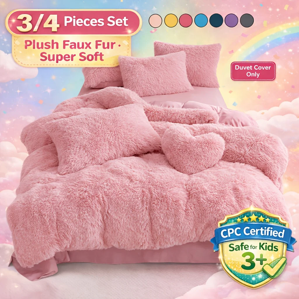

[Plush Faux Fur Cover] 3/4pcs Plush Faux Fur Comforter Cover Set for Kids & Teens - Includes Pillowcases + Plush Heart Pillow - Twin/ Queen/ King Sizes - Super Soft, Warm, Machine Washable (Duvet Cover Only, No Comforter)