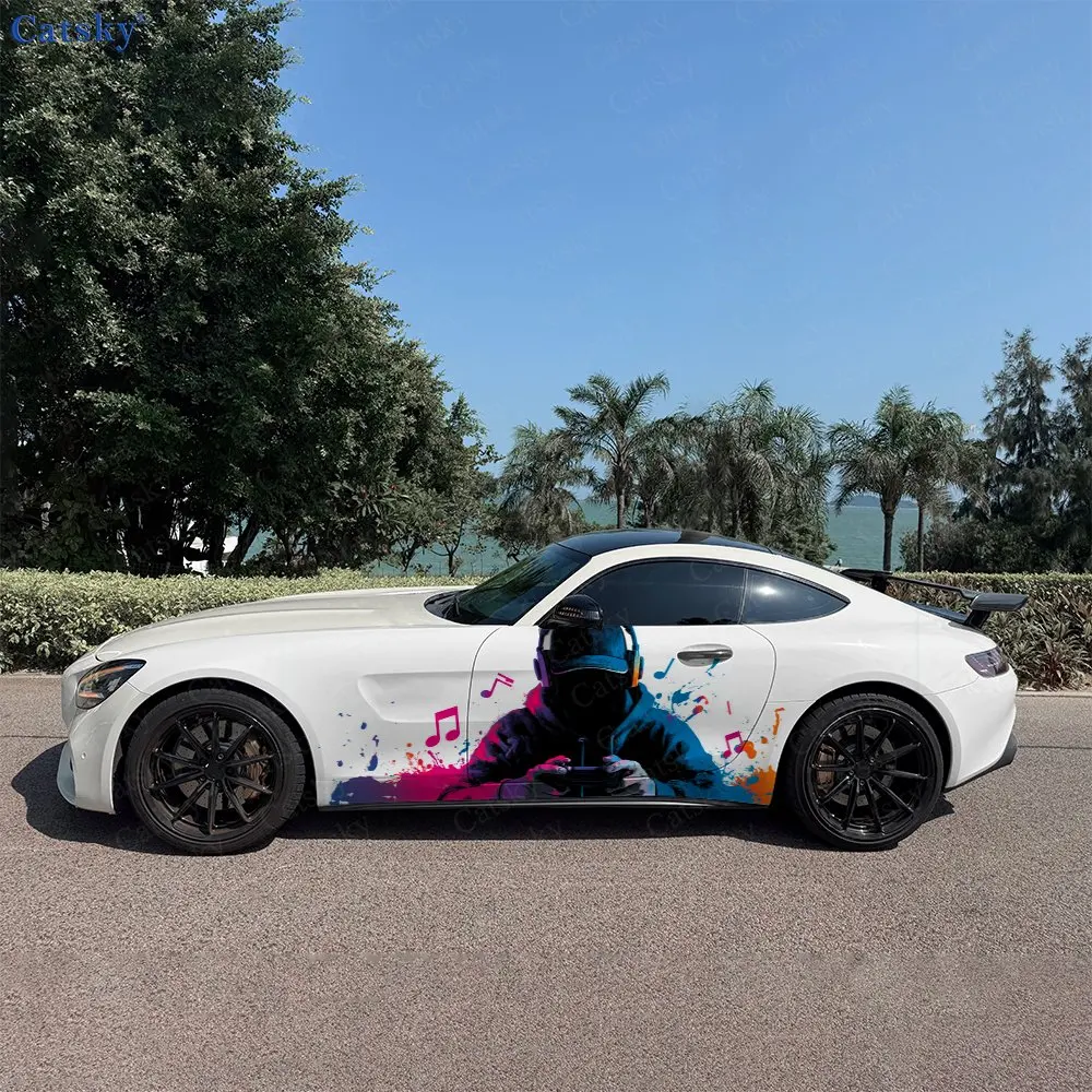 

Colorful Music Masked Man Car Side Wraps, Self-Adhesive PVC Waterproof & Scratch-Resistant Stickers, Car Accessory Gift