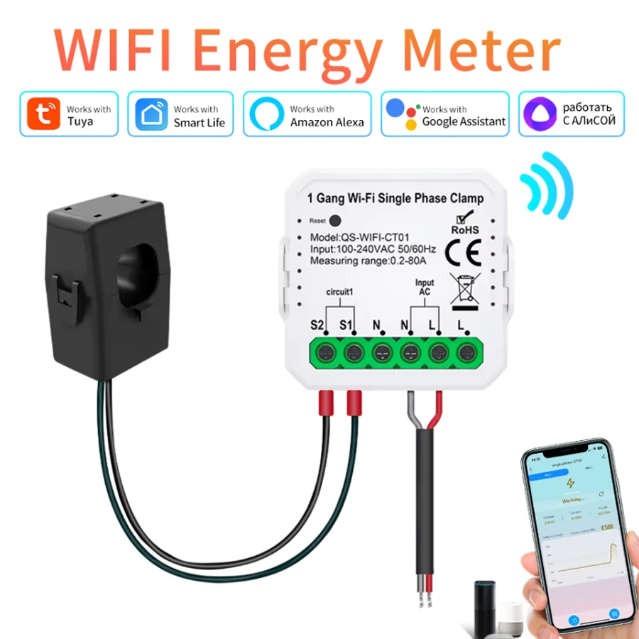 

80A Current Tuya WiFi Smart Energy Meter Single/Dual Channel Transformer Solar PV System Power Production Consumption Monitor