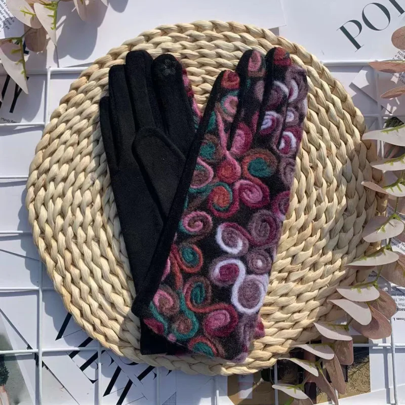 Guantes de lana con bordado de flores para mujer, manoplas gruesas a prueba de viento con pantalla táctil, suaves y a la moda, para invierno