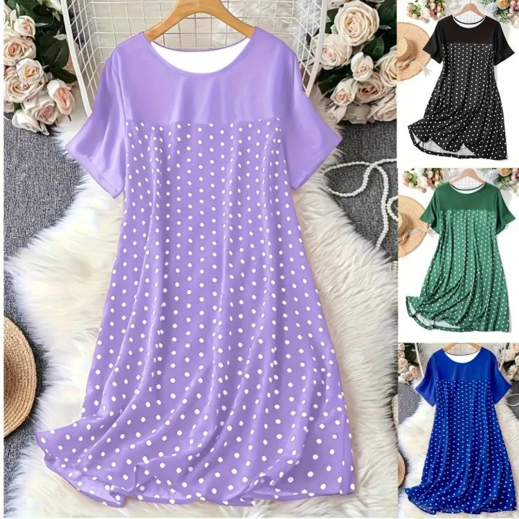 Round Neck Polka Dot Dress a Line Japanese Korean Casual with Loose Fit Pleated Short Sleeve Mid Waist Midi Length for Women