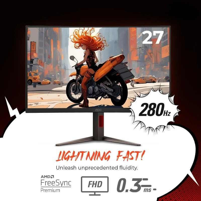 شاشة ألعاب منحنية سريعة للغاية بدون إطار مقاس 27 بوصة، FHD 1080p، 0.3ms 280 هرتز، HDMI/DP، ارتفاع قابل للتعديل