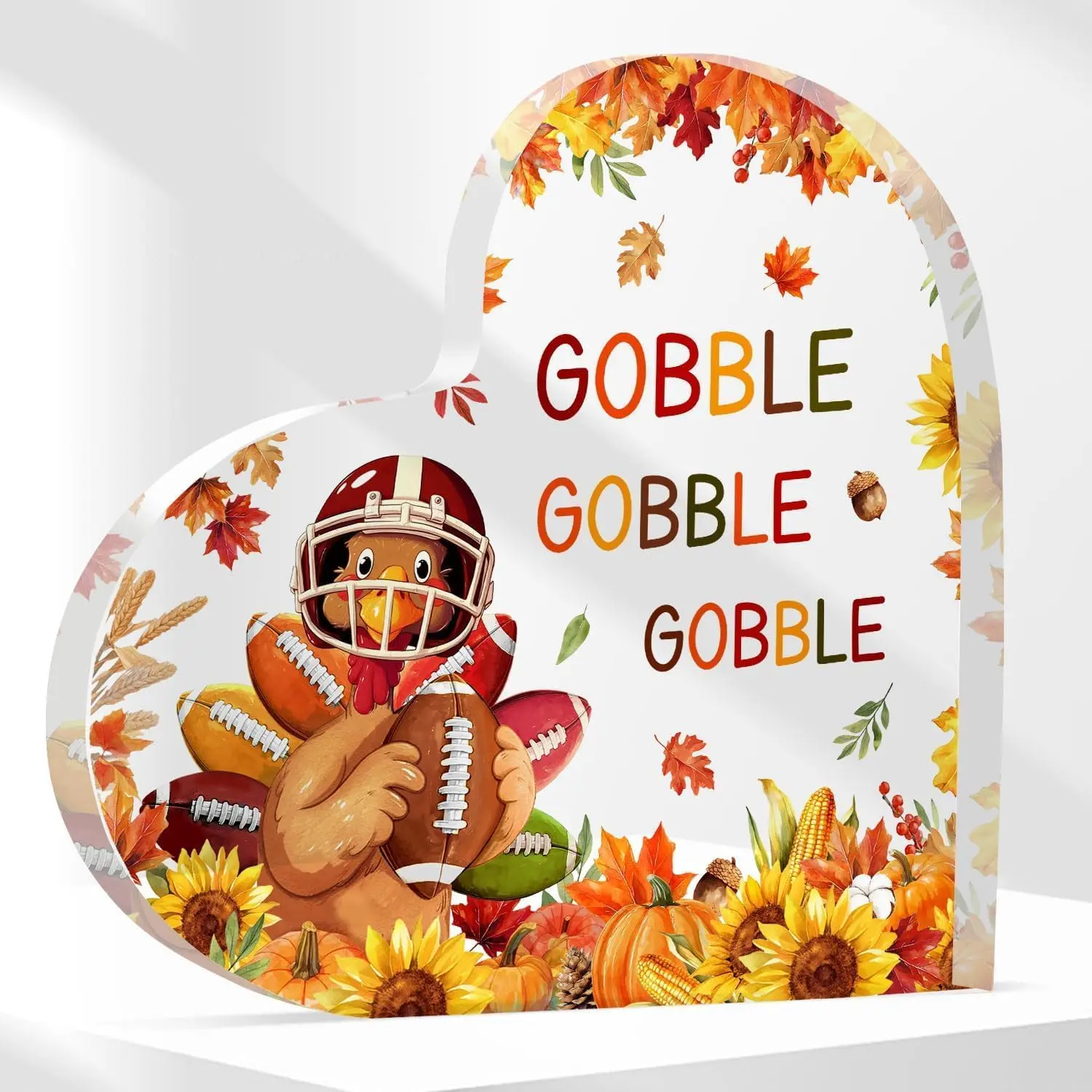 Gobble Gobble Gobble Heart‑Shaped Acrylic Tabletop Plaque, Football Turkey Fall Thanksgiving Desk Decor