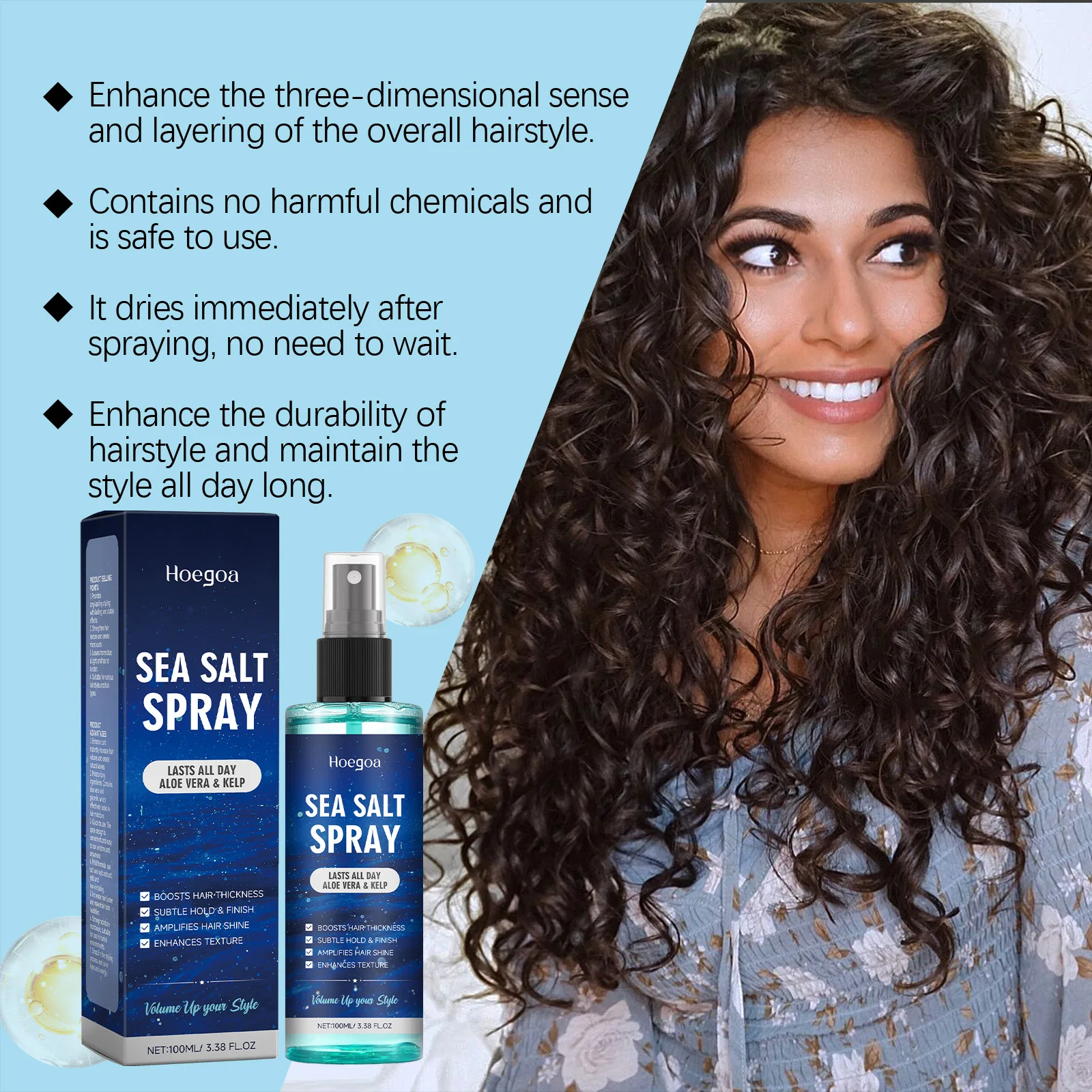 HOEGOA 100mL Sea Salt Spray Effectively Increases Hair Thickness Enhances Hair Texture Refreshes Hairstyle Curl Styling Spray