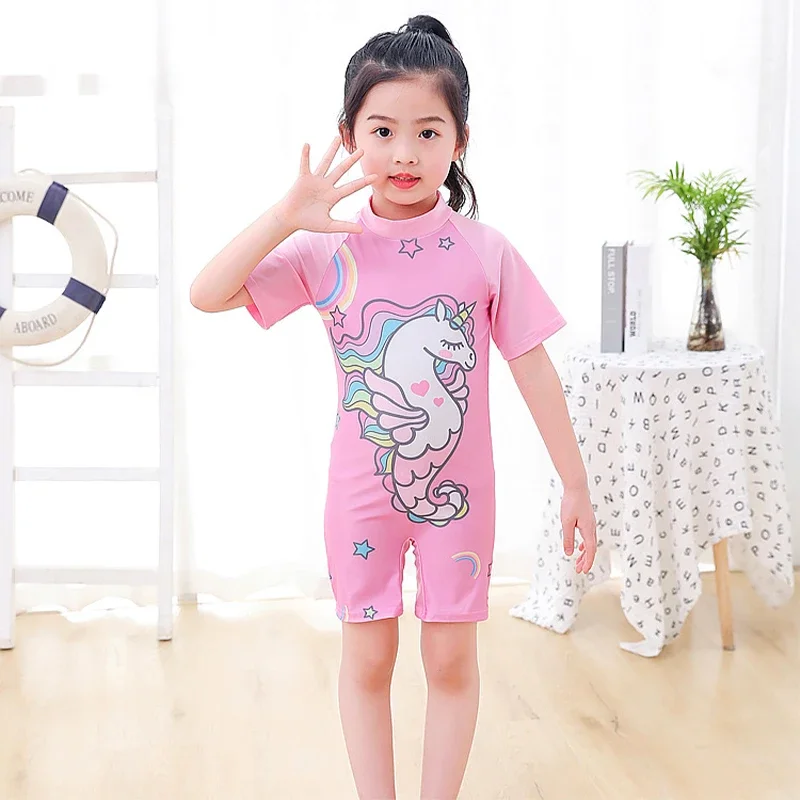 Baby Boy One-piece Swimsuit Short Sleeve Swimwear For Kids Toddler Girls Cartoon Unicorn Infant Korea Child Bathing Suit 원피스수영복