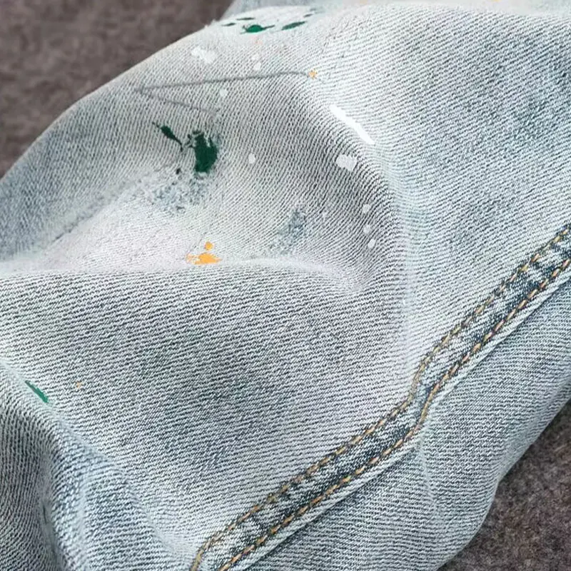 

FashionY2K New Men's Light Blue Jeans Washed Nostalgic Stretch Slim Fit Painted Scratched Jeans Retro Jeans