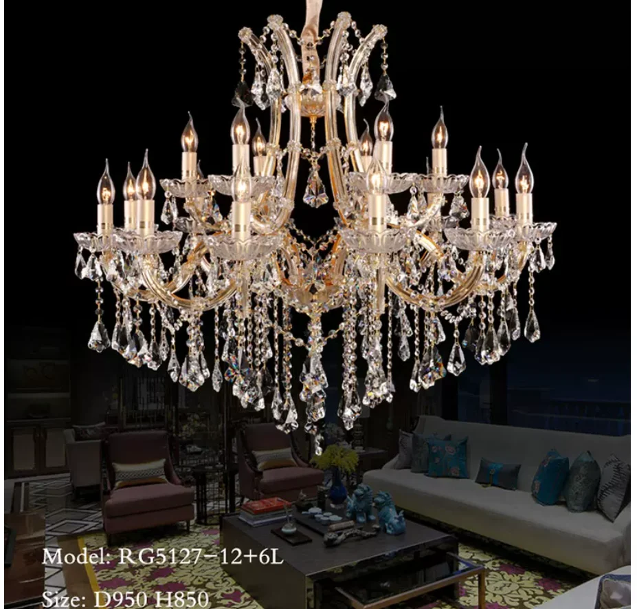 Maria Theresa Golden Clear Crystal Chandelier Light Fixture Hanging Lamp Lustres Luminaires D68cm H65cm 6arms Candle Chandelier