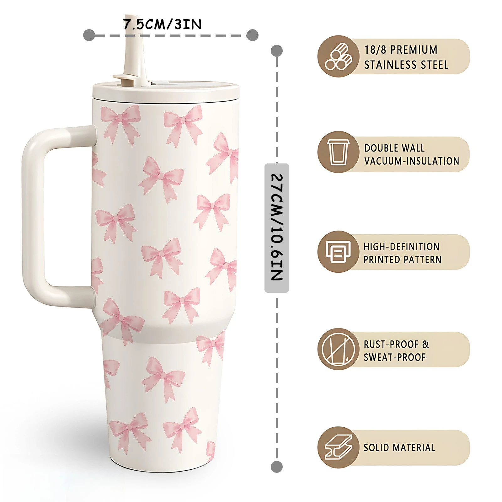 1pc 40Oz Stainless Steel Tumbler, Romantic Pink Bow Print, with Handle And Foldable Straw, Double-Layer Vacuum Insulated Cup, 12-Hour Warm/24-Hour Cold, Sweet Girly Style Drinkware, Mother'S Day Anniversary Gift for Best Friend'S Birthday Holiday