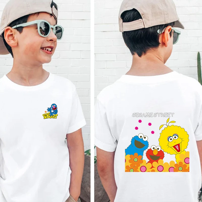 Sesame Street Printed Kids T-shirt Summer Children's Cotton Short Sleeve Suitable for Boys and Girls White Casual Tops