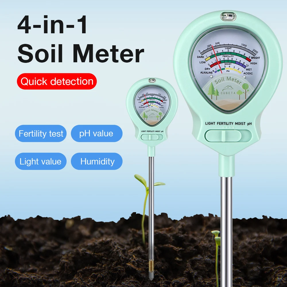 4 in 1 Soil PH Meter Sunlight PH Fertility Tester Garden Flowers Soil Moisture Sensor Plants Acidity Humidity Monitor Detector