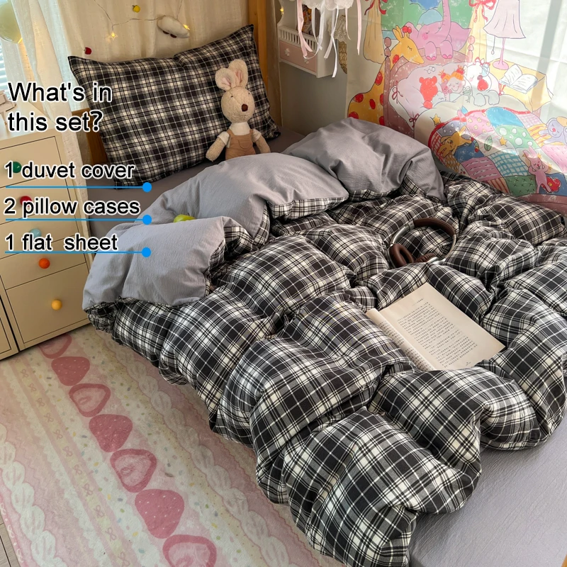 Classic Plaid Microfiber Bedding Set, 1 Duvet Cover 1 Flat Sheet 2 Pillowcases, Soft Breathable Bed Linen,Machine Washable Decor