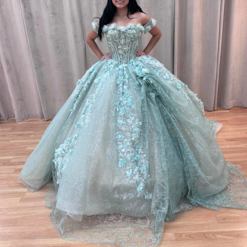 

Aqua Blue Shiny Ball Gown Quinceanera Dresses Off The Shoulder Applique Flower Beading Crystal Tull Party Birthday Sweet 16