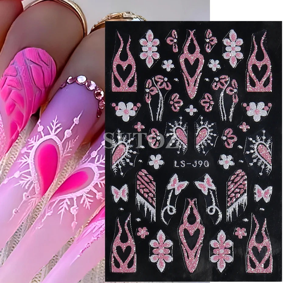 Spider Web Love Glitter Nail Art Stickers Decals Self-Adhesive Butterfly Heart Flower Shimmer 3D Nail Stickers Supplies LELS-J91