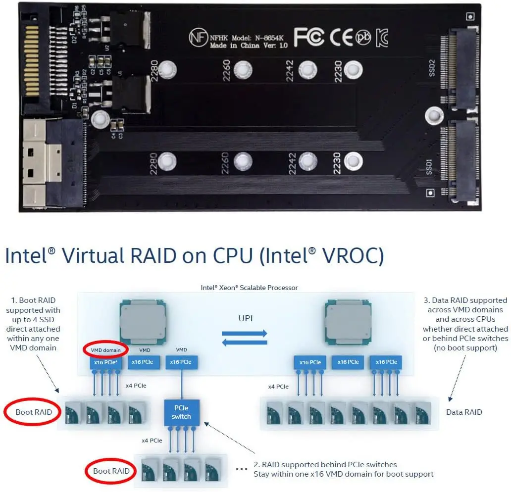 Dual 2X NVME M.2 AHCI to Slimline PCIE Express 3.0 4.0 SFF-8654 8X Raid Card VROC Raid0 Hyper Adapter