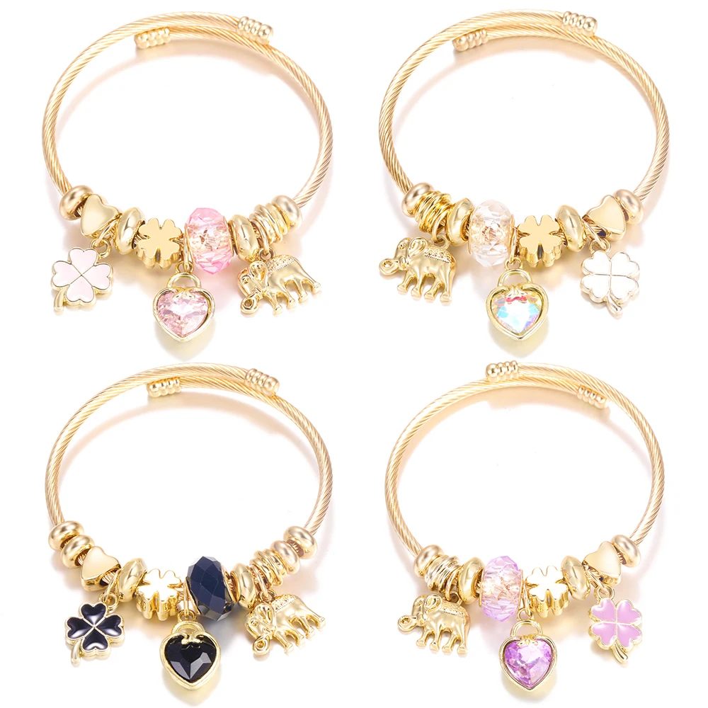 New Trendy 4 Colors Heart Shape Painted Pendant Closure Beaded Bracelet Golden Stainless Steel Women Bracelet 2025 Charm Jewelry