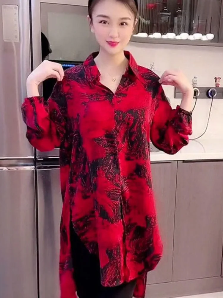 เสื้อผู้หญิงฤดูใบไม้ร่วง 2025 ลายเสือดาวใหม่ ทรงหลวม ปิดหน้าท้อง ช่วยให้ดูผอม ทรงเอ ความยาวปานกลาง คอปก แขนยาว