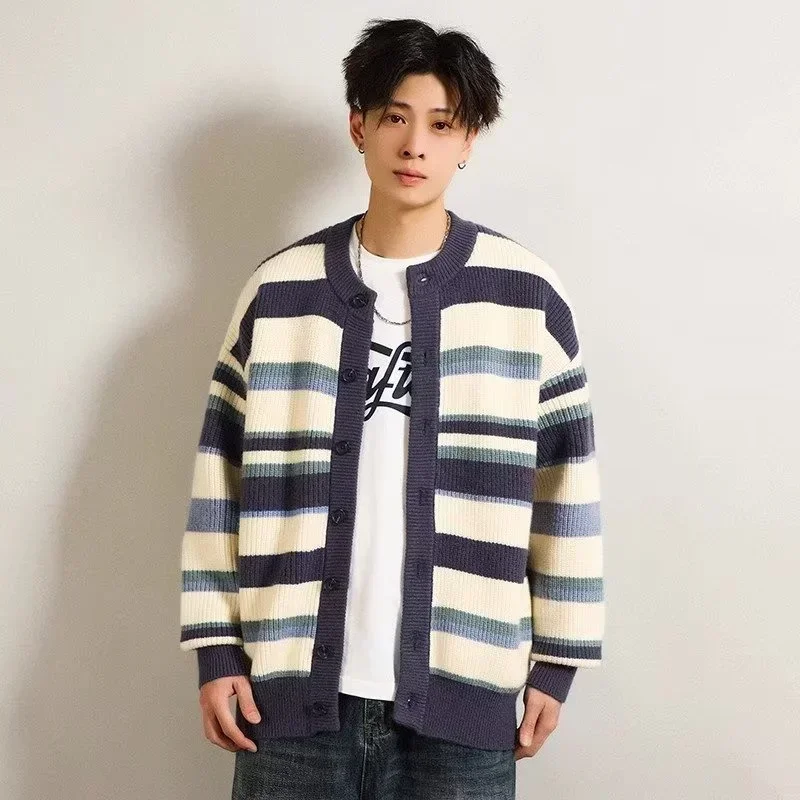 Autumn Vintage Striped Knitted Cardigan For Men Casual V-neck Fit Y2K Sweater New Korean Fashion Clothes Jacket Jersey Hombre