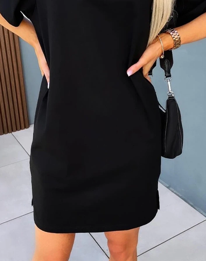 Mini vestido reto feminino, com decote em O, meia manga, vestido diário casual liso, moda verão, 2024