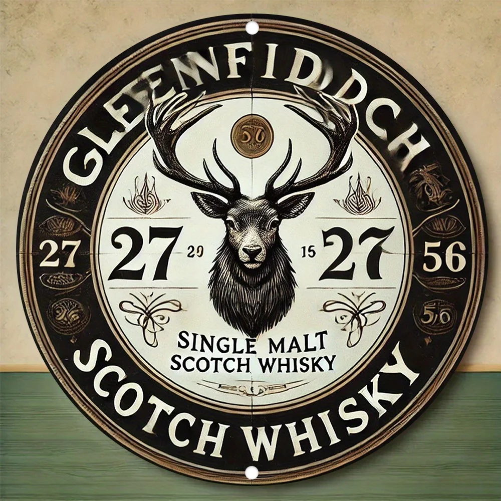 Letrero de metal redondo vintage Glenfiddich Single Malt Scotch Whisky - Aluminio de 8.0 x 8.0 in, detalles grabados y impresión HD