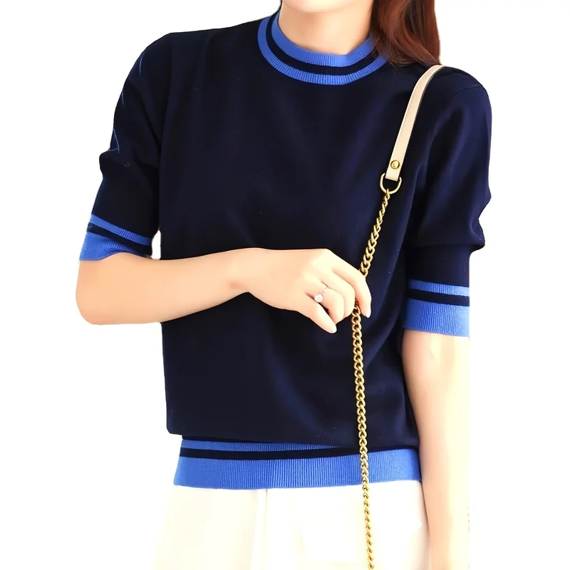 Elegant Light Luxury Fiber Fabric Top Women, New Summer Style, Age-Reducing Loose Fit Design, Round Neck Half-Sleeve-S