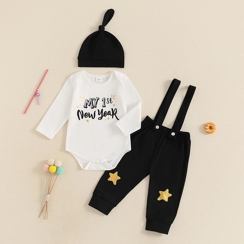 Baby Boy New Year Outfit Letter Print Long Sleeve Rompers and Star Print Overalls Hat Set Spring 3 Piece Clothes