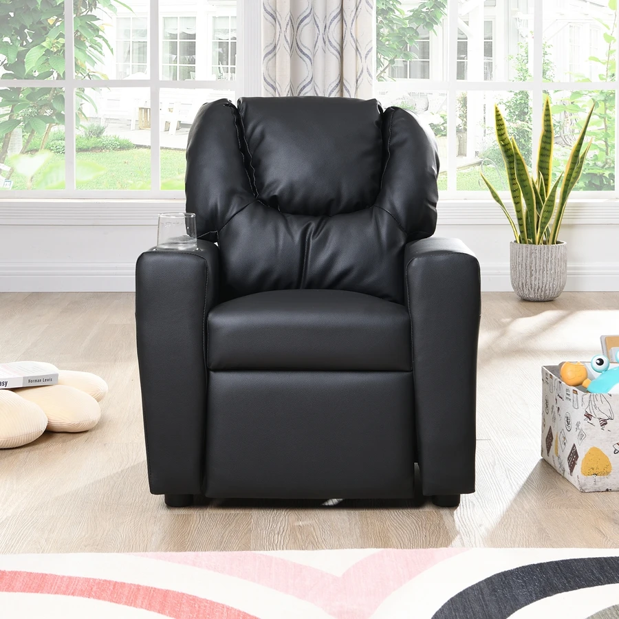 Children's Recliner Black Pvc, Modern Comfortable Living Room Armchair, Multi-functional Sofa With Cup Holder