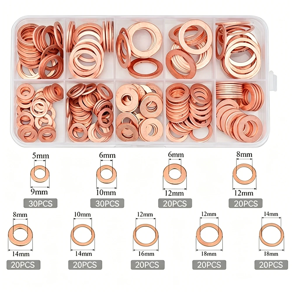 200-teiliges Kupfer-Unterlegscheiben-Sortiment, Kupfer-O-Ring-Dichtung, Öldichtung, Flachring, Kupfer-Dichtungsscheiben für Hardware- und Sanitärreparaturen – Detail 2