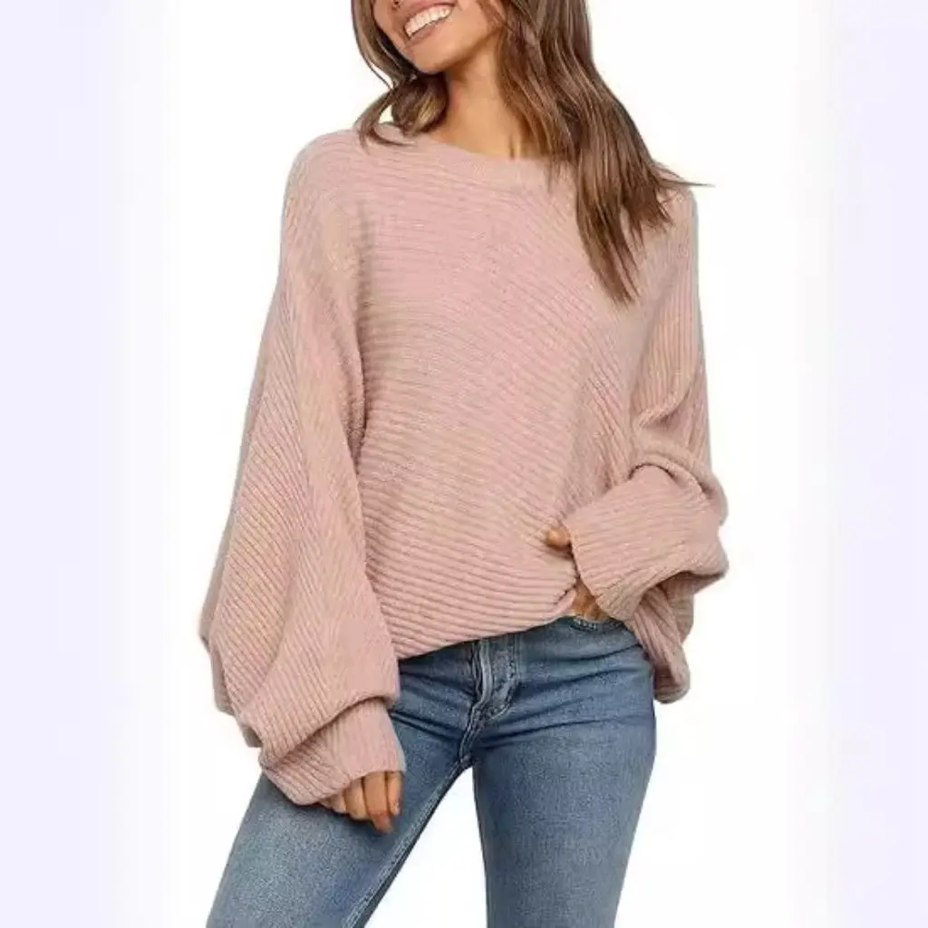 

Women's round Neck Solid Color Knitted Sweater Long Sleeve Casual Pullover Bat Top for Autumn Winter Season