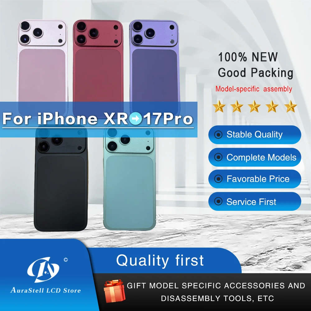 高品質プレス式diy交換用iphone-xrから17-pro用背面ガラスバッテリーカバーハウジングミドルフレーム（simトレイ付き）