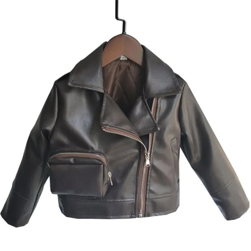 Boys and Girls Brown Leather Coat Bag PU Leather Jacket Top Spring and Autumn zip motorcycle Coat