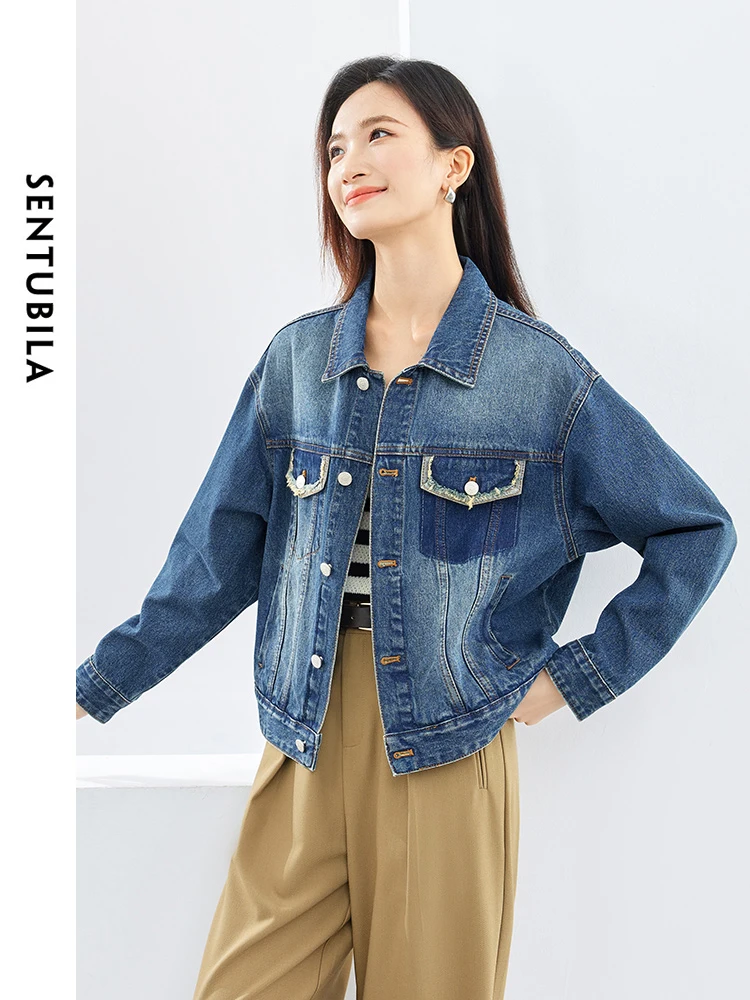 

SENTUBILA Lapel Washed Cotton 100% Cropped Denim Jacket 2024 Spring Fashion Straight Loose Female Jean Coat Overcoat W41W53218