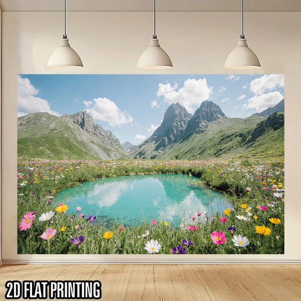 1pc Alpine Lake & Floral Mountain Landscape Wall Banner - UV Printed Polyester Decoration with Turquoise Lake, Pink/Blue/Purple