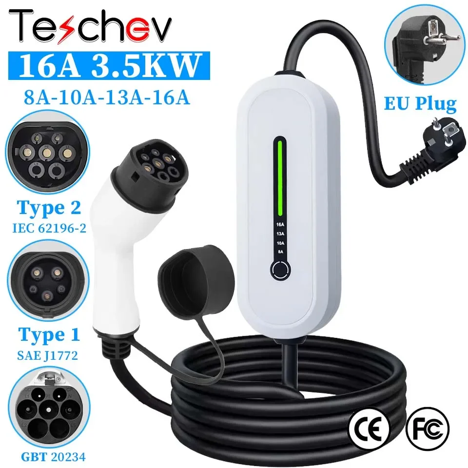 

Teschev EV Portable Charger Type2 /GBT Plug Connector 16A 1Phase 3.5KW Type1 J1772 Wallbox Charging Station for Electric Vehicle