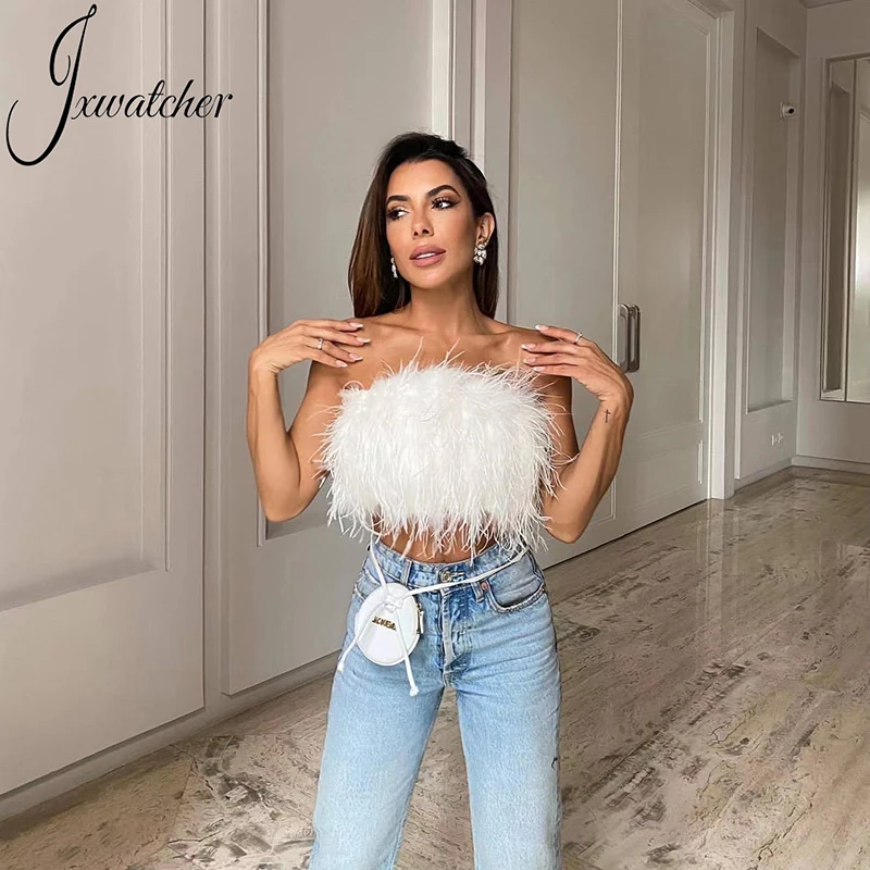 Jaxmonoy Summer Ostrich Feather Top Bra Women Wedding Natural Feather Tube Ladies Spring Long Hair Fluffy Underwear Famale New