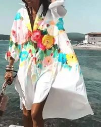 2024 Summer Loose Knee-Length Skirt New Women's Fashion and Elegance Printed Large Shirt Dress