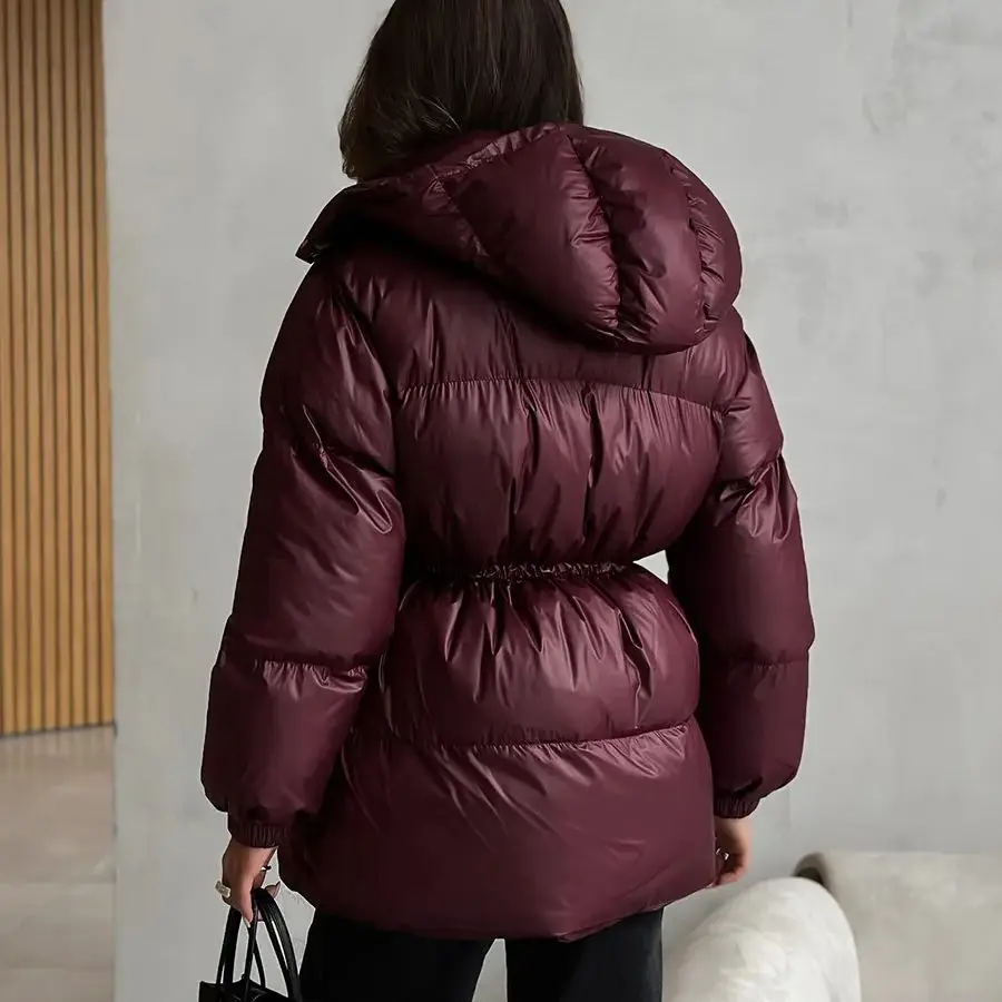 Women's Hooded Down Jacket Drawstring Waist Warm Parker Coat Solid Pocket Zipper Outwear 2025 Winter Thicken Long Sleeves Coats