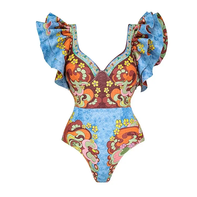 FLAXMAKER V Neck Ruffle Underwired Printed One Piece Swimsuit Set Swimwear Bathing Suit Bikini Monokini  tankini Beach dress