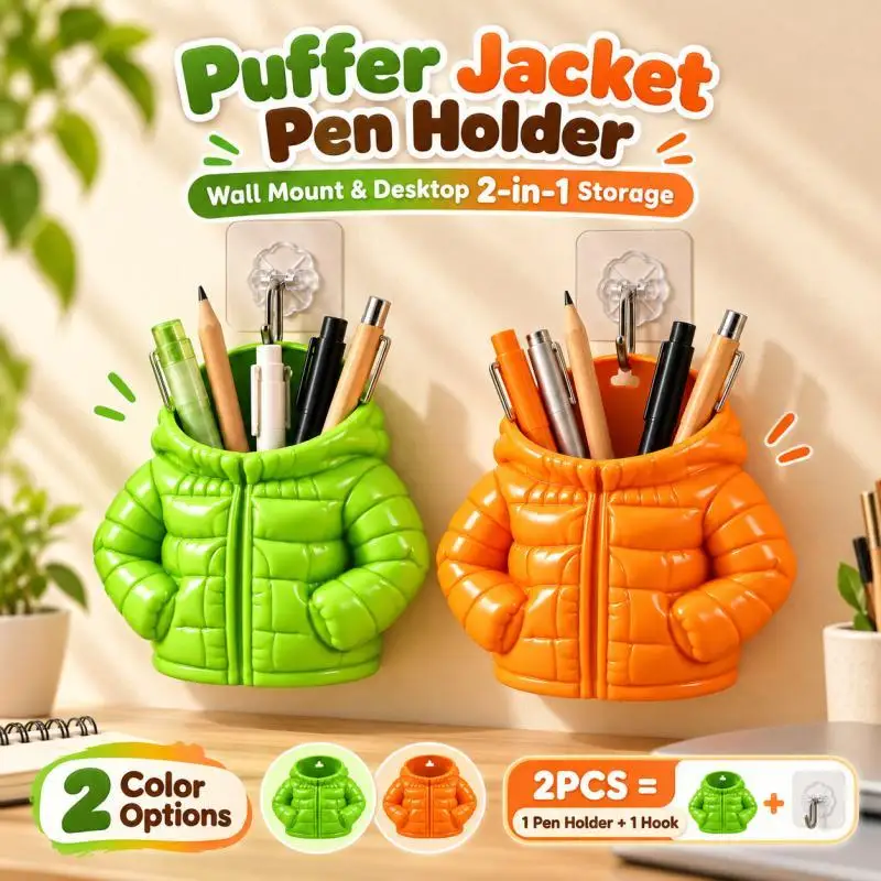 2PCS Puffer Jacket Pen Holder with Adhesive Hook,Cute Wall Mounted Pencil Cup,Desktop Stationery Organizer for Home Office Decor