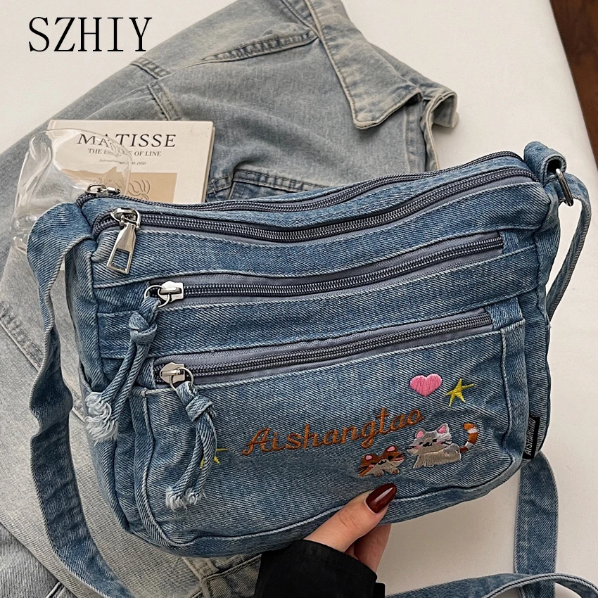 

Мягкая джинсовая женская сумка, модная дизайнерская сумка на одно плечо с диагональным крестом, несколько карманов на молнии, портативный крутой кошелек в стиле панк для девочек
