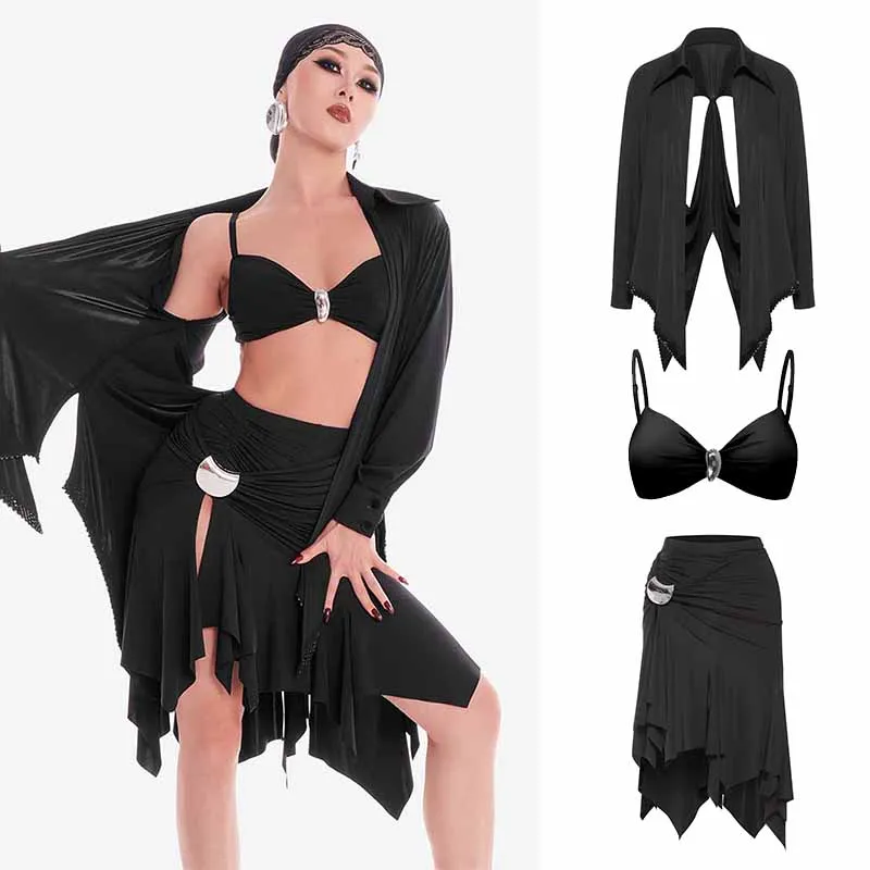 DUYQ Sexy Damen Latein-Tanzkostüme mit Rückenausschnitt, Smock-Shirt und Unregelmäßigem Rock, Samba-Rumba-Tanzkleid DN23442