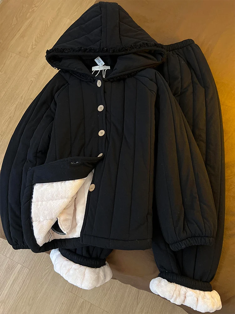 miss-bunny-simple-ins-black-three-layer-cotton-hooded-sleepwear-women's-style-winter-warm-cardigan-home-clothes