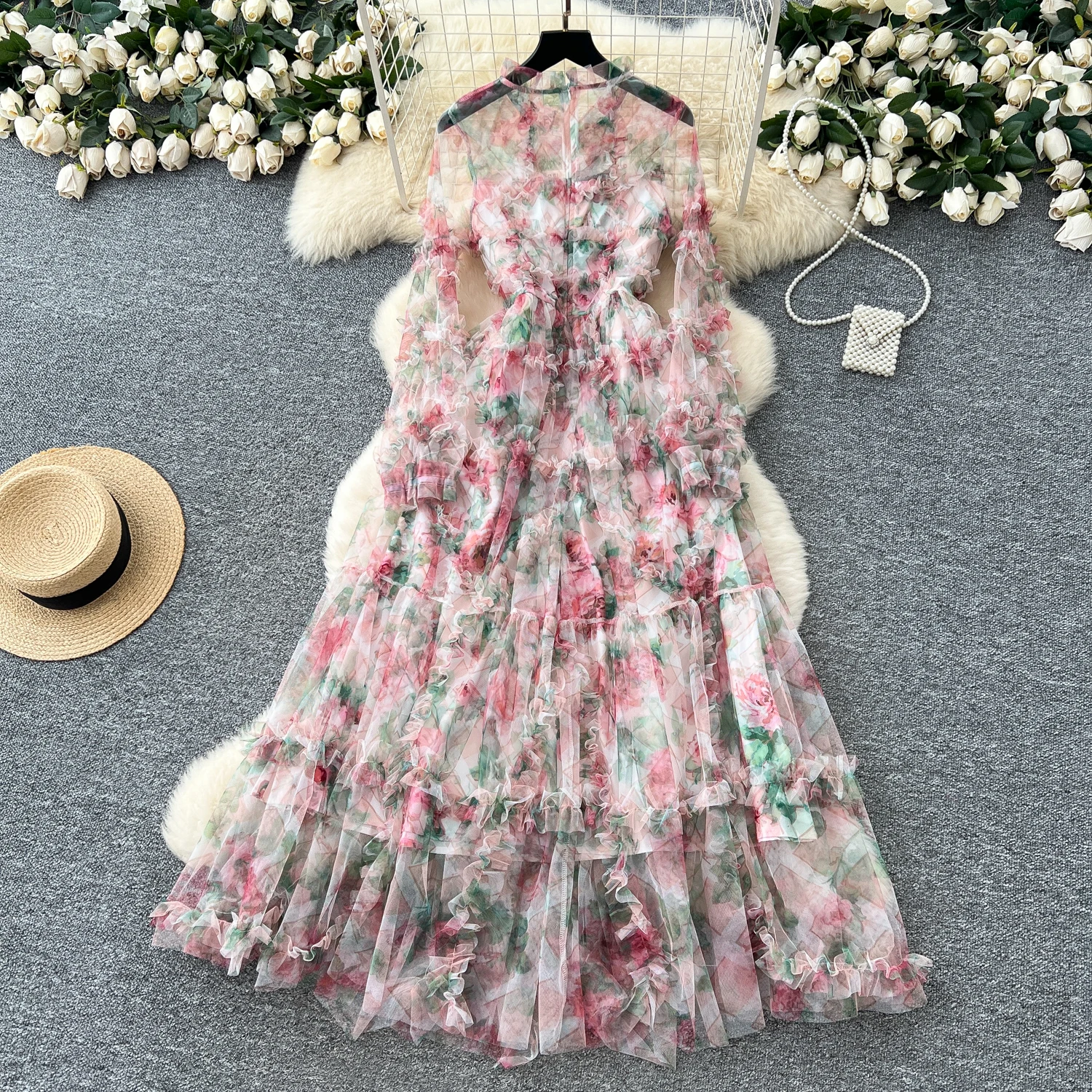 French chic Edible Tree Fungus mesh print Dress Women Waist korean fashion hotsweet Resort ceremony dresses