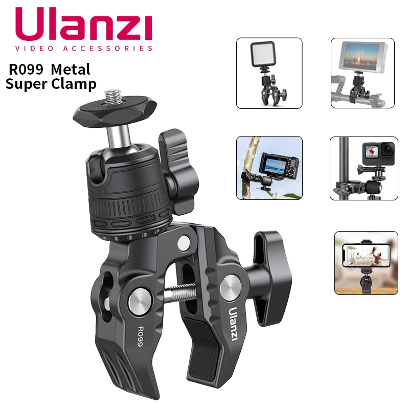 Ulanzi R099 Metal Super Clamp with 360 Rotation Mini Ball Head Bracket Mount 1/4