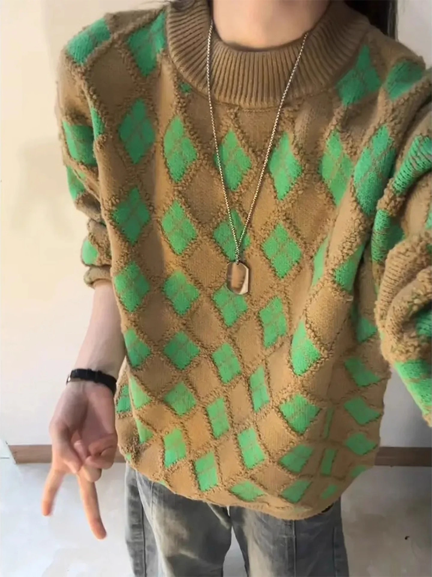 

Loose Fit Geometric Diamond Color Blo round Ne Knit Sweater Men's Autumn Winter Casual Sle Comfortable Knitted irt