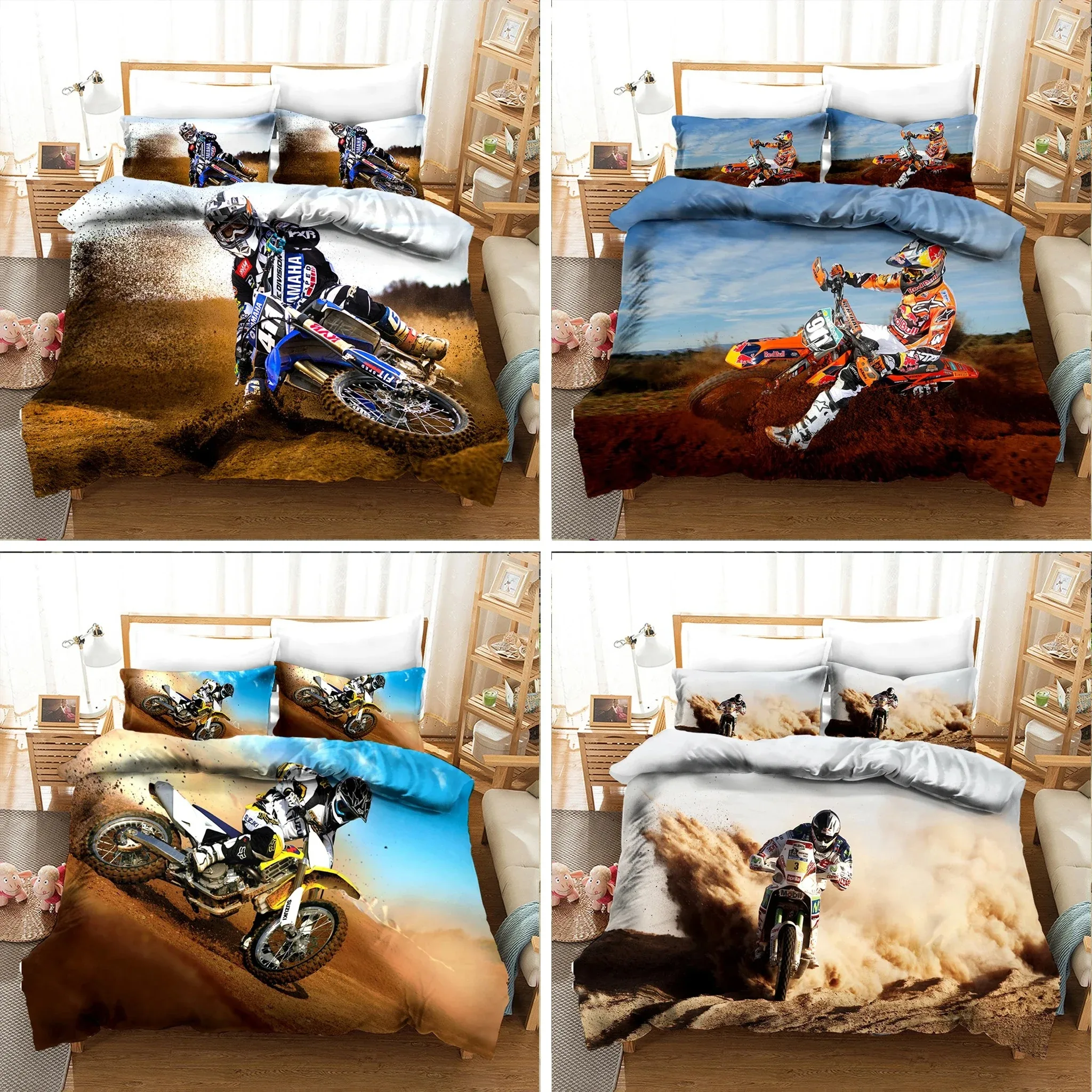 

Luxury Bedding Set Motorcycle Print Duvet Cover Set with Pillowcase Motocross Bedspread boy's Bed Set