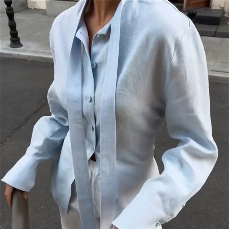 

Женская повседневная хлопково-льняная рубашка с длинными рукавами, модные свободные топы на пуговицах на шнуровке, Blusa, элегантная плавающая свинцовая блузка для поездок на работу