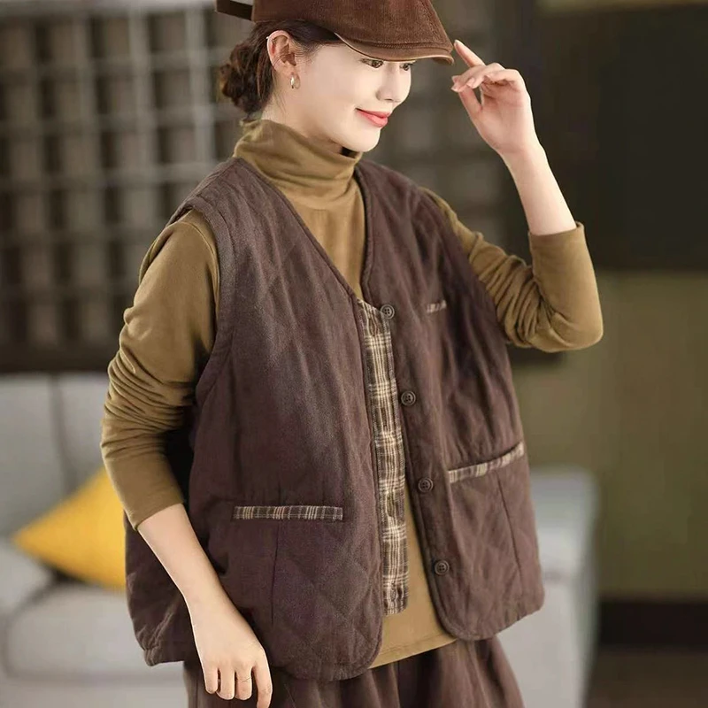 

Women Cotton Linen Quilted Vest Coats New Arrival 2025 Autumn Vintage Style V-neck Solid Color Female Sleeveless Jackets M2093
