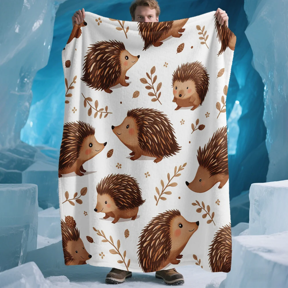 1pc, Cute Hedgehog Pinecone Paper Pattern Flannel Blanket, Suitable for Office Single Lunch Break Blanket, Sofa Blanket, Queen Bed Sheet, Holiday Gift