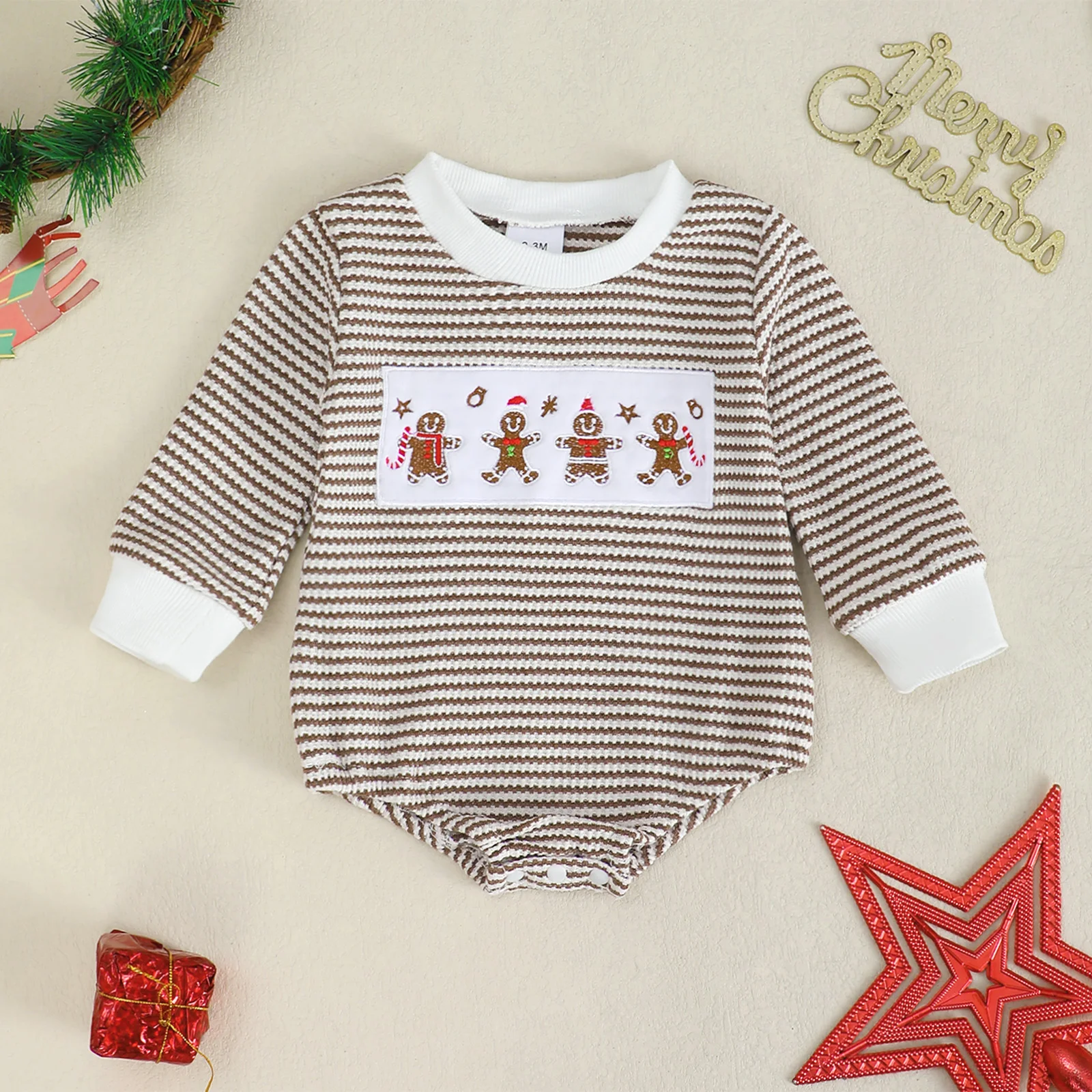 Christmas Pattern round Neck Long Sleeve Striped Baby Boy Romper Triangle Design Infant Clothing